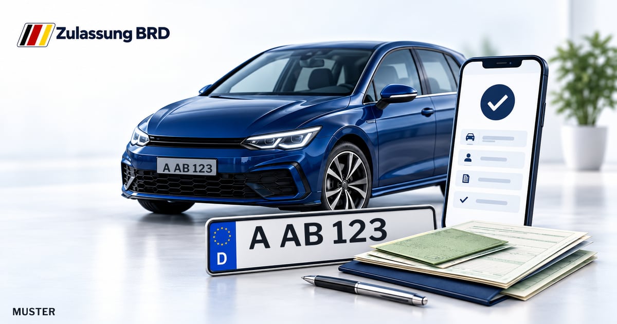 Online Fahrzeugzulassung in Augsburg-Haunstetten: Musterkennzeichen A AB 123, Auto und Fahrzeugpapiere und Smartphone. Illustration mit Logo von Zulassung BRD.